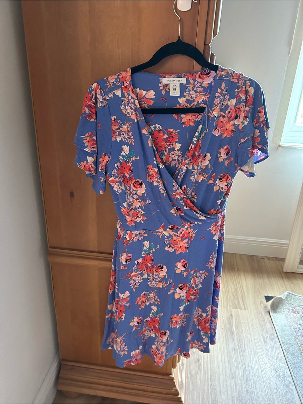 Floral Faux Wrap Mini Dress - Blue with Pink Floral